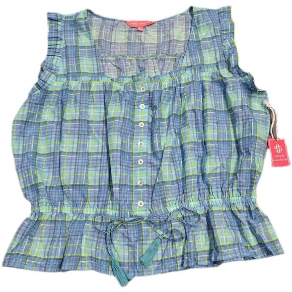 NEW Simply Southern Smocked Blue and Green Plaid Sleeveless Ruffle Blouse/Sz. L - Picture 1 of 7
